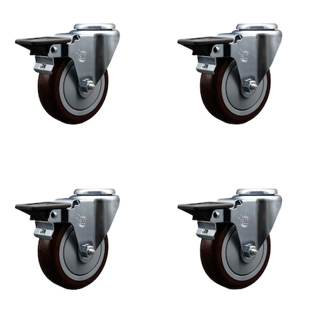 Service Caster 4'' Maroon Poly Wheel Swivel Bolt Hole Caster Set with Posi Lock Brakes, 4PK SCC-BH20S414-PPUB-MRN-PLB-4